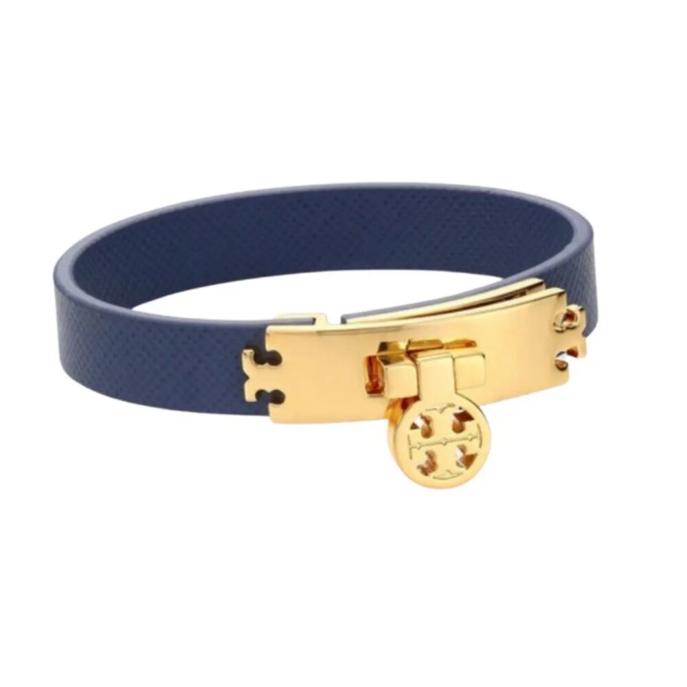 Tory Burch Bluue Leather Gold Plated Clasp Logo Lock Bracelet